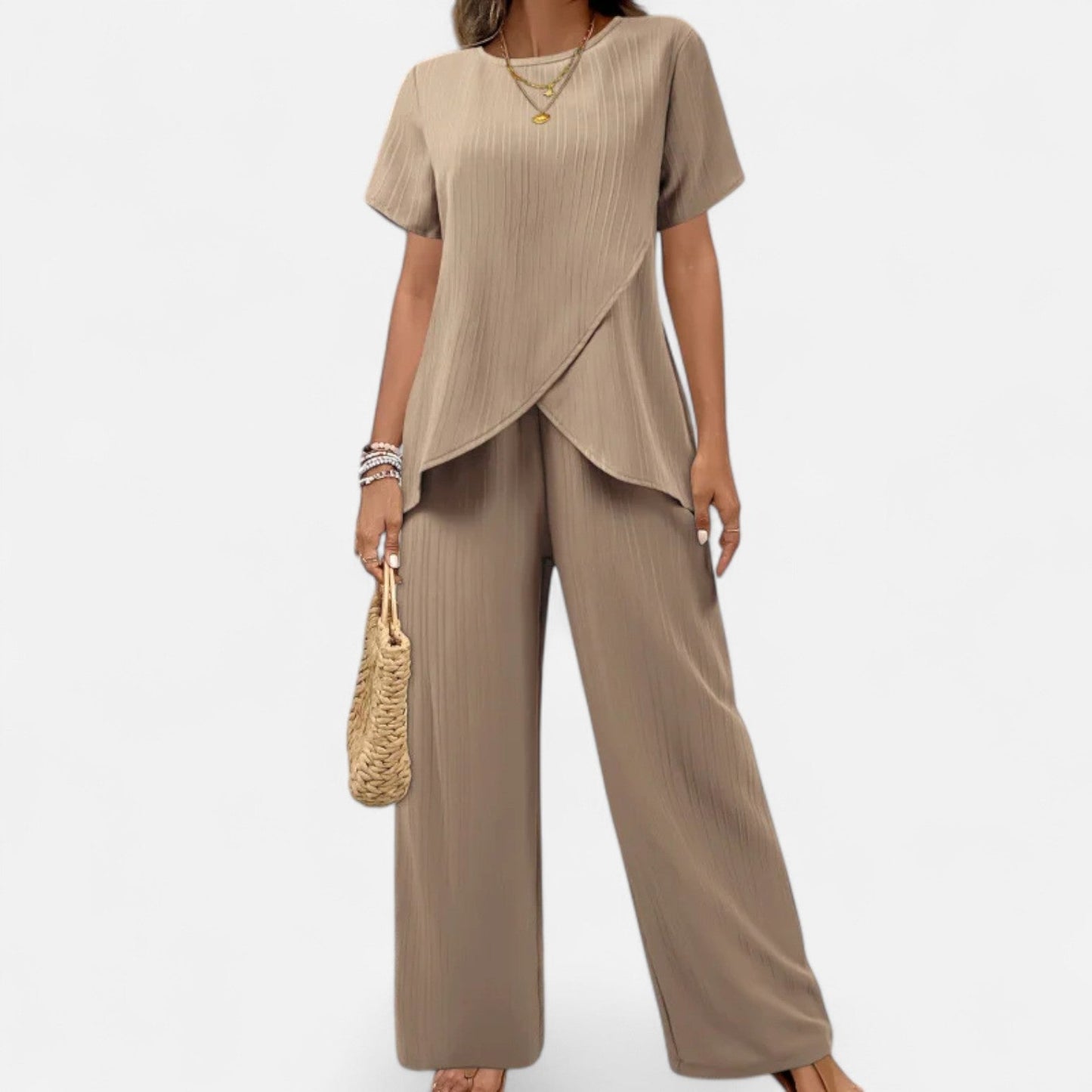 Old Monarchy | Women’s Asymmetrical Two-Piece Set – Textured Elegance with Wide-Leg Trousers & Sculpted Top